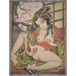 Geisha in the Rose Garden Blanket – 60x80" woven cotton throw with color-fringed edges.