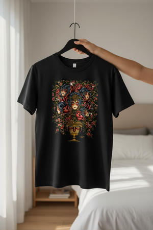 Laurent Trelaun Familiar Vase T-Shirt in Black featuring tattoo-inspired floral vase artwork displayed in a modern interior setting