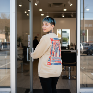 Model styled in Mindzai sweatshirt with skate-inspired look.