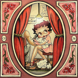 Court Mello's Betty Boop watercolor print featuring bold red roses and black outlines.