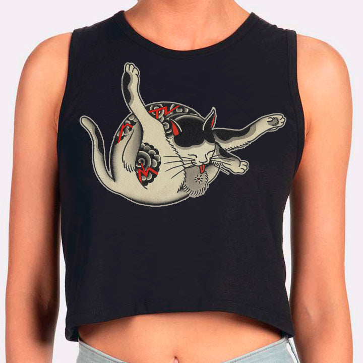 Printed black cropped tank by Lorenzo Rossi, designed for Good Tattoo Parlor in Milan, Italy, printed at Mindzai Creative, Austin, TX