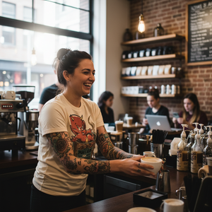 Woman with tattoos working behind a counter in a coffee shop