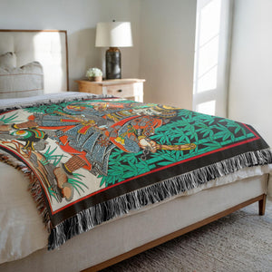 Close-up of Cat Samurai Blanket highlighting intricate woven details.