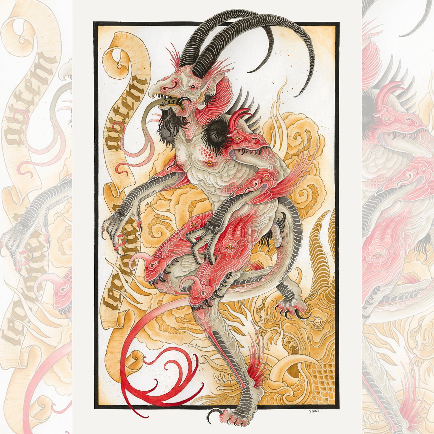 Illustration of a fantastical creature with intricate patterns on a decorative background