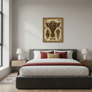 Framed Eternal Suffering art print by Bryan Randolph displayed above a bed in a modern bedroom