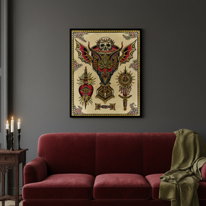 Framed Eternal Suffering art print by Bryan Randolph displayed above a sofa in a modern living room