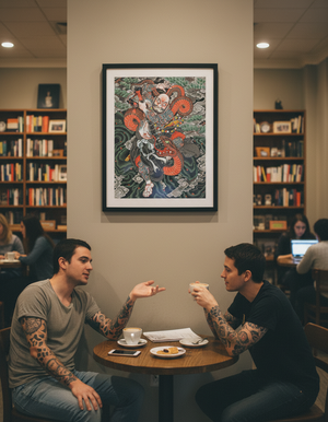 Two men sitting at a table in a cafe with a large framed artwork on the wall.