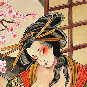Traditional Japanese illustration of a woman with cherry blossoms in the background