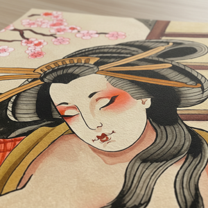 Traditional Japanese artwork of a geisha with cherry blossoms in the background