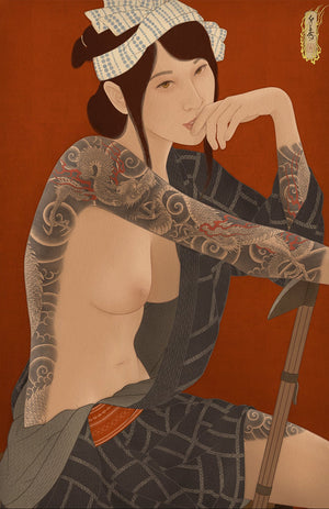 Artistic depiction of a woman with tattoos wearing a kimono against an orange background