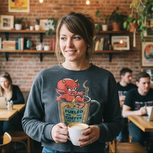 Woman holding a coffee cup in a cozy café setting