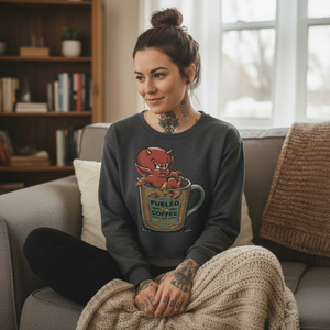 Woman sitting on a couch wearing a sweatshirt with a graphic design, in a cozy living room setting.