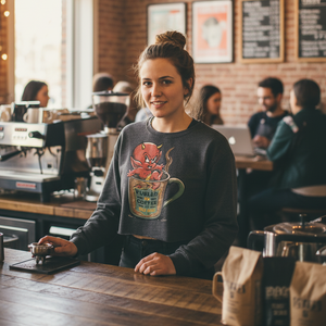 Woman standing behind a counter in a cozy coffee shop with brick walls and natural light.