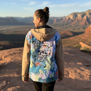 Front view of Thunder Bird Anorak Jacket by Cheyenne Sawyer, black waterproof nylon.