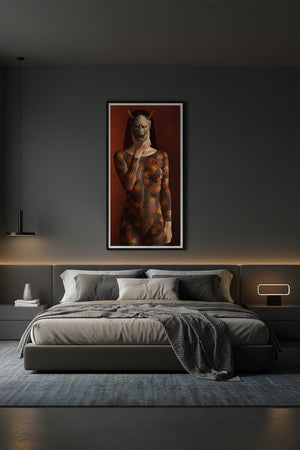 Framed Kijo Japanese art print by Senju displayed above a bed in a modern bedroom