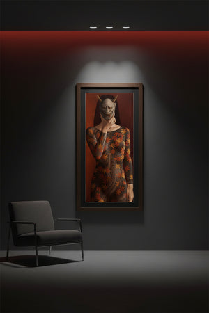 Framed Kijo Japanese art print by Senju displayed on a modern living room wall