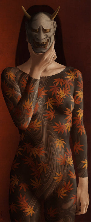 Kijo Japanese art print by Senju featuring a traditional Oni mask portrait with autumn maple leaf design
