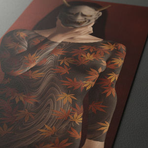 Close-up of Kijo Japanese art print by Senju featuring traditional Oni mask artwork and detailed maple leaf design
