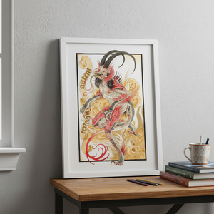 Framed artwork of a dragon on a wall above a wooden table.