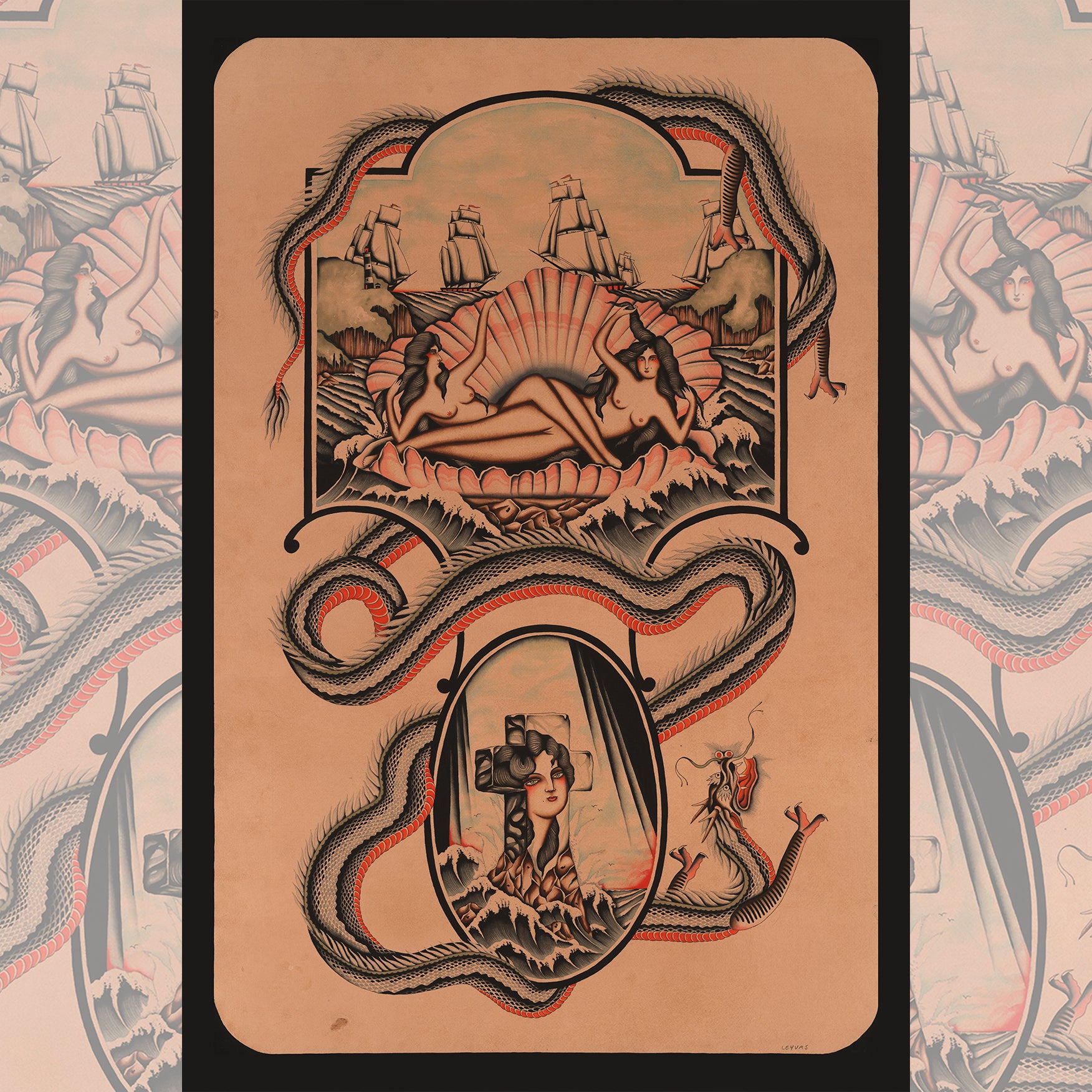 Close-up of Origins print by Nathan Leyvas showcasing intricate linework and vibrant colors.