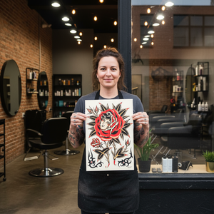 Interior display featuring “Donna Dentro Rosa” art print framed on wall.