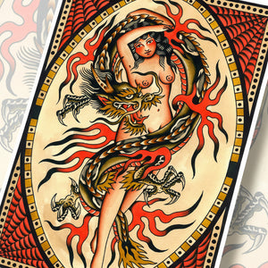 Traditional tattoo flash painting of a woman entwined with a dragon and surrounded by red flames, by artist Gaia Zeta.