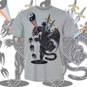 Close-up of Cosmic Dualism tee by Alex Q showcasing intricate linework and vibrant colors.