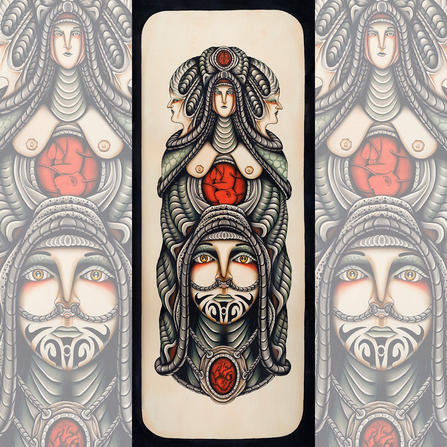 Close-up of Incubate print by Daniel Stella showcasing intricate ink and liquid acrylic design.