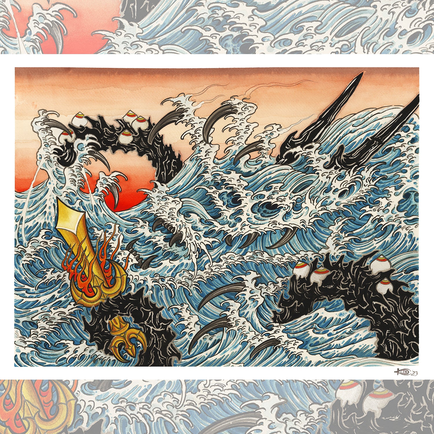 Klem Diglio's Water Dragons giclée print with swirling blue waves and red accents.