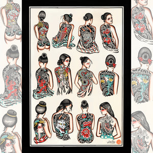 Lollo's Tattooed Girls Giclée print showcasing bold tattooed female portraits.