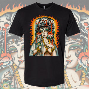 Front view of “Mourning Death” T-Shirt by Joel Blue Arms showing full graphic design.