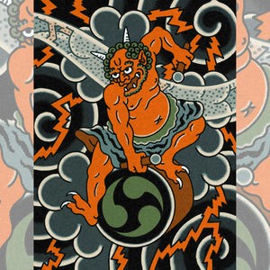 Fujin giclée print by Joel Soos, showcasing the Japanese wind god in vibrant tattoo-inspired art.