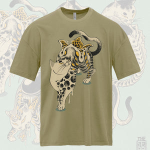 Olive green t-shirt with a stylized panther.