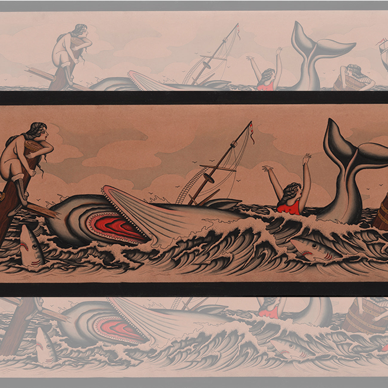 Close-up of Capsized print by Jon Garber showcasing intricate linework and vibrant colors.