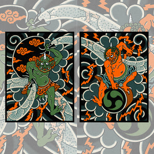 'Raijin Fujin Diptych' – Two 12" x 16" giclée prints featuring Japanese mythological gods Raijin and Fujin, printed on 340gsm Epson Cold Press paper.