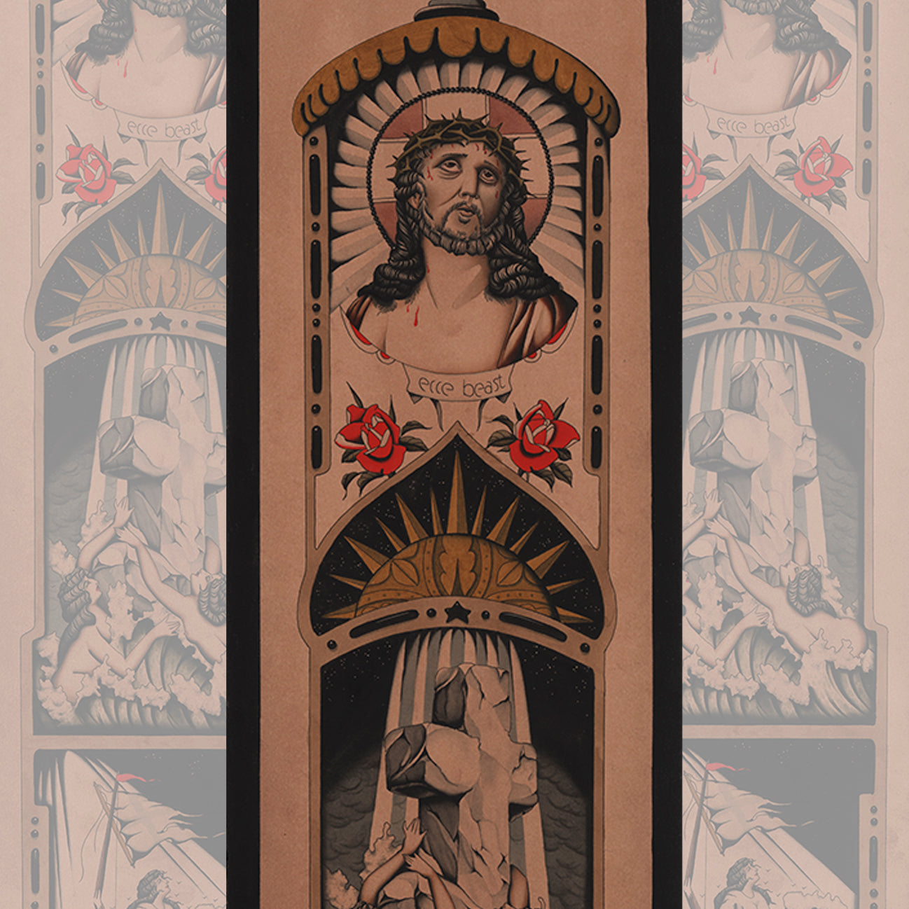 Close-up of Ecce Beast print by Jon Garber showcasing intricate linework and vibrant colors.