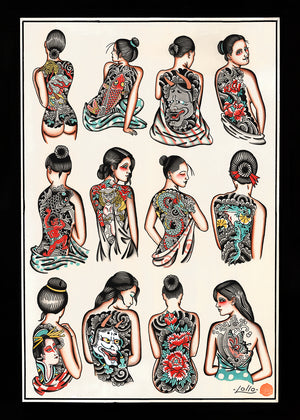 Close-up of Tattooed Girls print by Lollo on textured cold press paper.