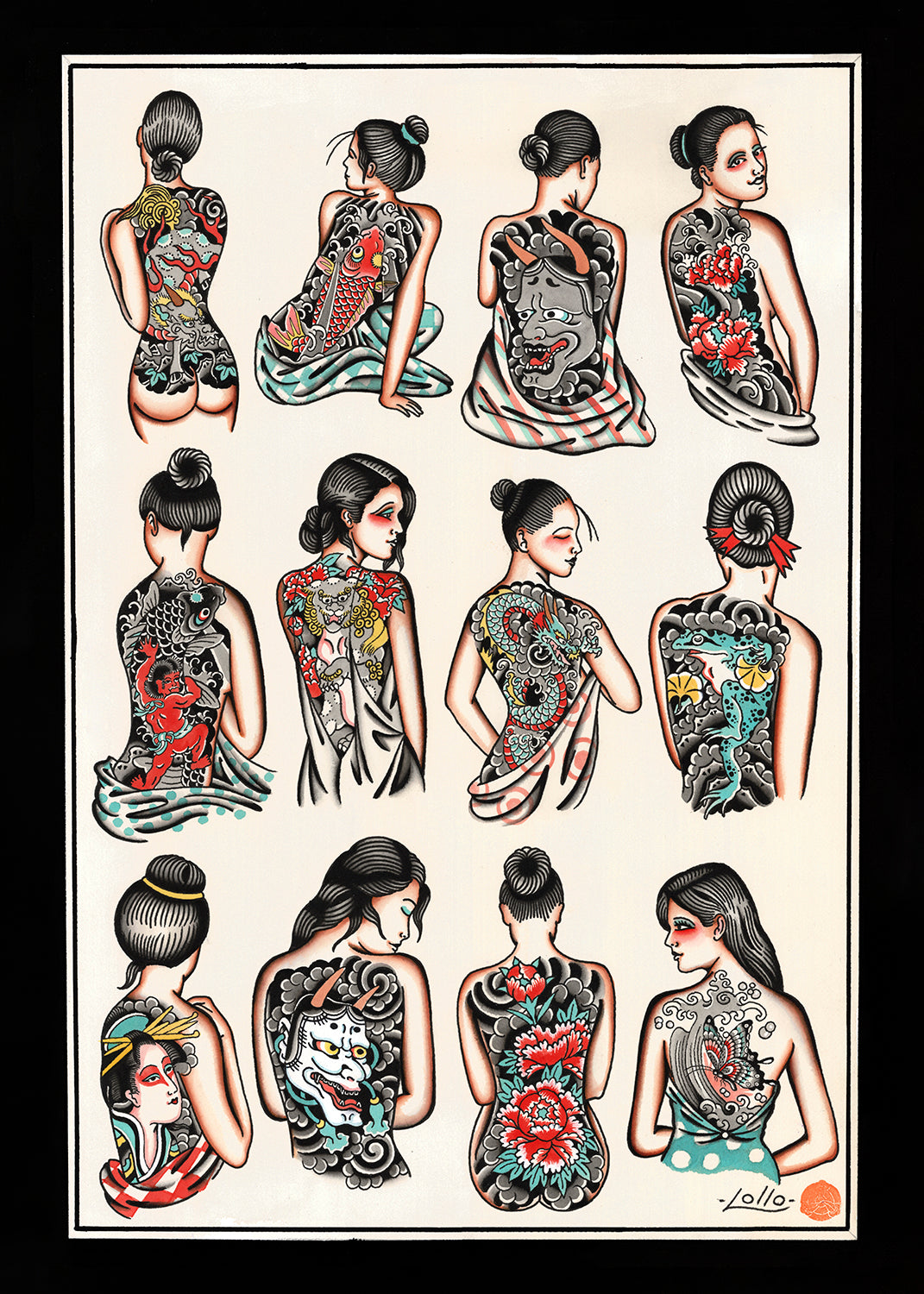 Close-up of Tattooed Girls print by Lollo on textured cold press paper.