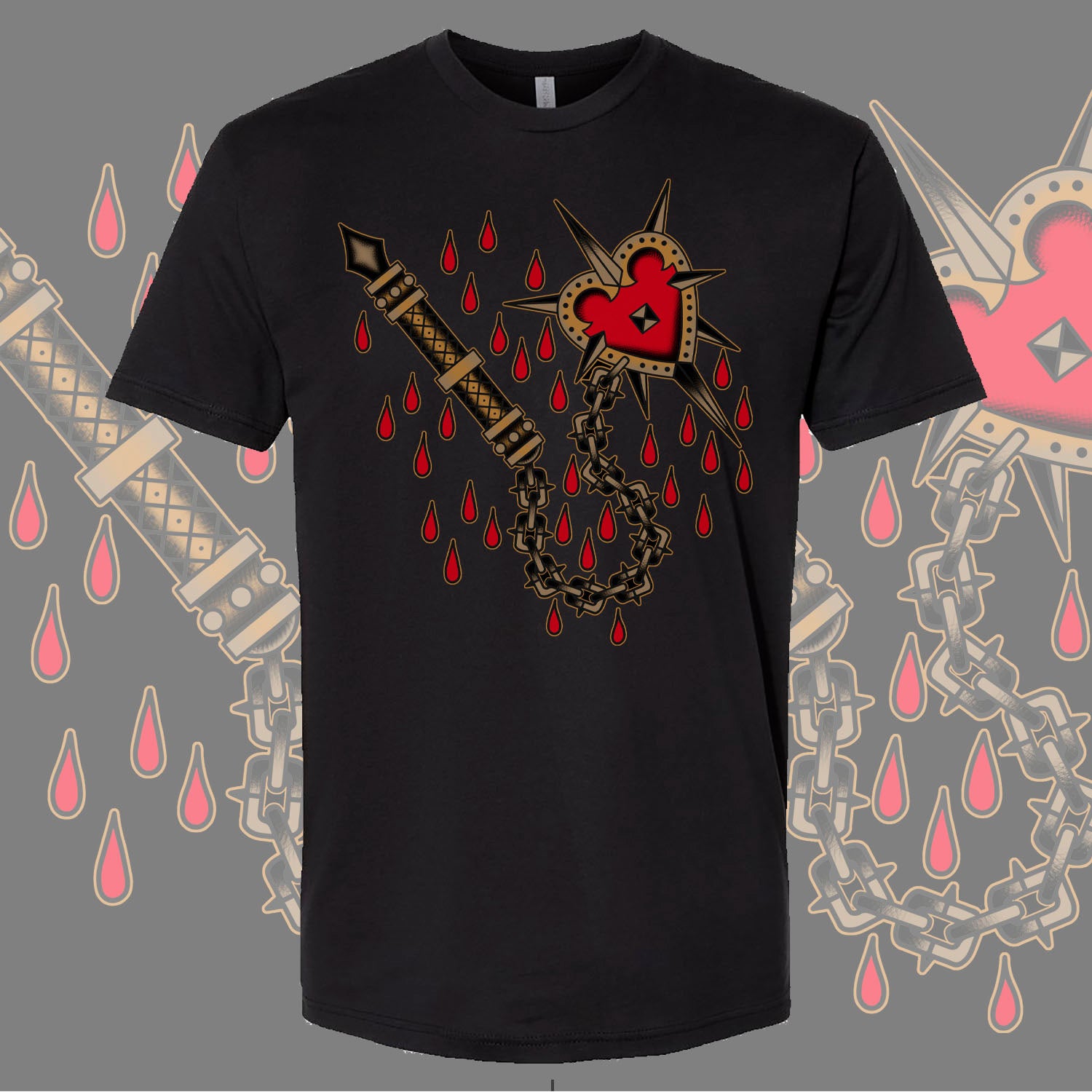 Front view of “Love Kills” T-Shirt by Scott Weatherwax, bold graphic on premium tee.