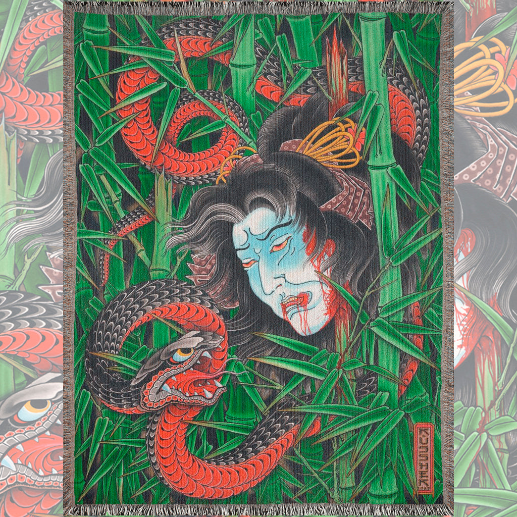 Ryan Ussher Kaze No Yusha Blanket displayed on bed, woven cotton throw.