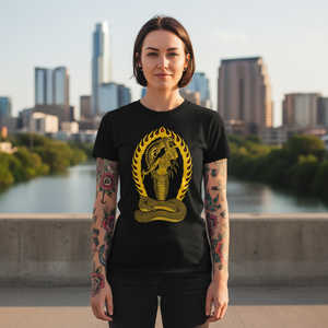 Model showcasing the Snake Charmer Tee in urban setting.