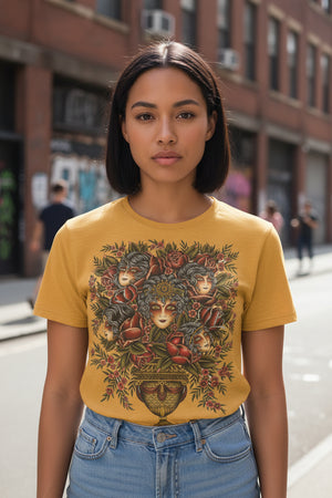 Yellow t-shirt with decorative design featuring faces and flowers on a patterned background