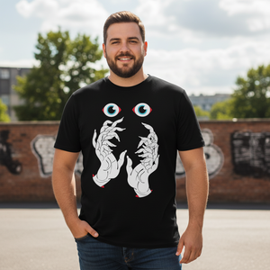 Model wearing They Know You're High Tee by Mike Barker featuring surreal graphic streetwear design