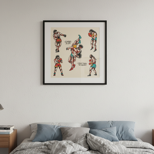 Framed artwork of vintage-style boxer illustrations on a wall above a bed.