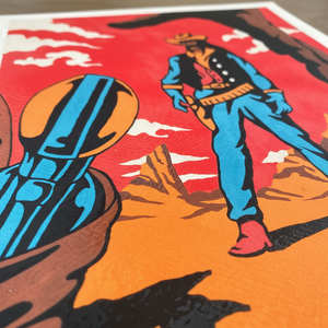 Close-up of Cunha The Stand Off artwork featuring a modern cowboy illustration in vibrant red and orange tones