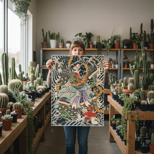 Person holding a colorful artwork in a plant store