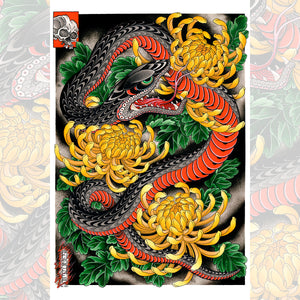 Ryan Ussher Snake & Chrysanthemums Traditional Tattoo Art Print