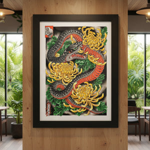Framed Ryan Ussher Snake & Chrysanthemums Tattoo Art Print Displayed on Wooden Wall
