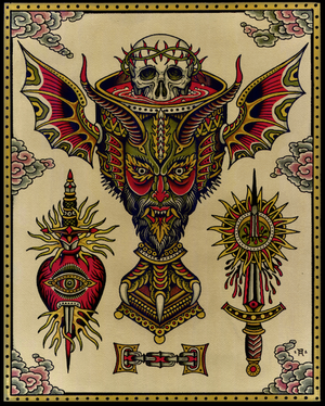 Eternal Suffering art print by Bryan Randolph featuring traditional tattoo inspired skull and dagger illustration