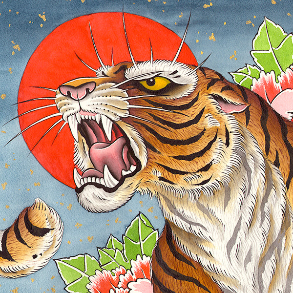 Tiger with Peonies art